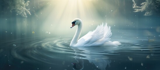 Poster - A graceful white swan gracefully glides through the liquid surface of the lake, showcasing its elegant feathered body and distinctive beak