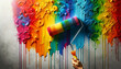 rainbow painting dripped on wall with hand holding roller paint