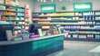 Modern pharmacy interior with colorful medication packages on shelves.