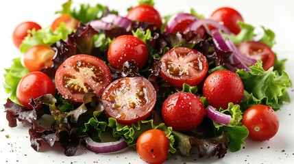 Wall Mural - Tomato and onion salad with fresh herbs on white background.