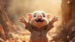 A cartoon pig is jumping in the air with a big smile on its face