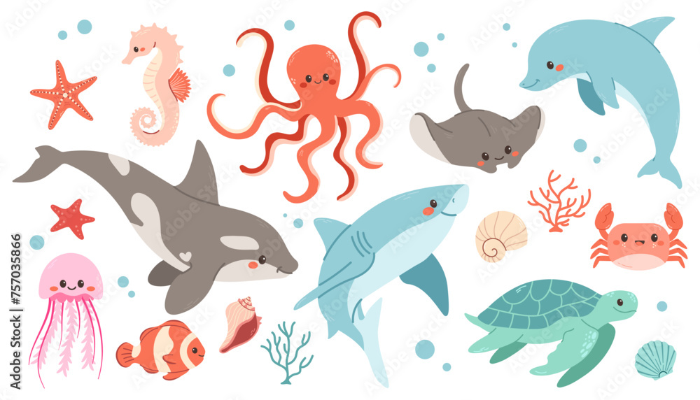 Set with hand drawn sea and ocean life elements. Vector doodle cartoon ...