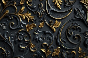 Poster - Baroque style 3D wallpaper design with gold and black floral patterns.