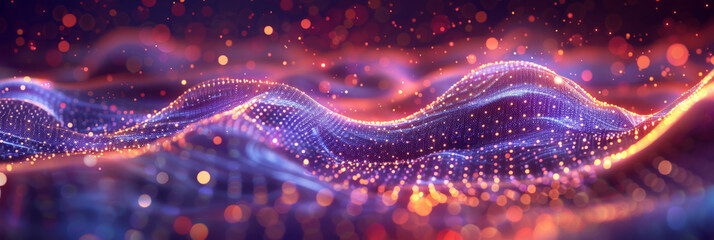 3D render abstract futuristic background with waves   purple and blue glowing particles and dots, Wavy pattern of metallic mesh texture. geometry shapes data connetion tranfer.banner