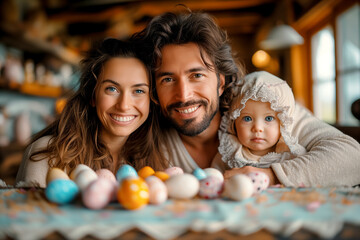 joyfully family painting Easter eggs at home. kid and parents prepare for Easter