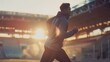 Young athletic man with good looks and light smile jogging in the stadium. generative AI