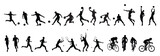 Fototapeta  - Sportsperson or athlete on white background. Silhouettes of people playing various sports, including football, basketball, volleyball, tennis, cycling, and running. Group vector illustration.