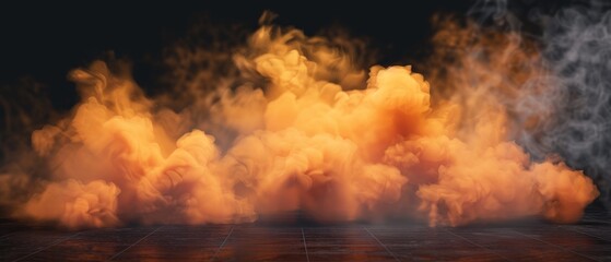 Wall Mural - The mystical atmospheric steam or condensation on the floor is reflected in yellow and orange toxic smoke clouds with overlay effects on a dark transparent background.