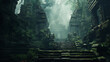 An ancient temple hidden in a foggy jungle