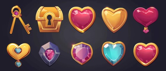 Wall Mural - This modern illustration kit includes gui design assets like a closed lock and key, chest, and coin with heart diamond decoration. Golden items with gems are in the love theme.