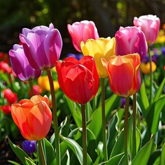 Sticker - A bunch of colorful tulips are in a garden