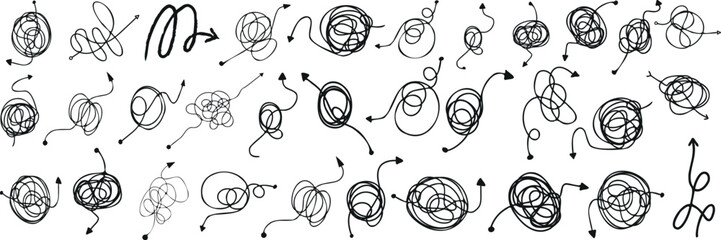 Wall Mural - Scribble arrow vector illustration, chaotic, messy, hand drawn, abstract, design element, visual interest, direction, attention, enhance, pattern, texture, swirl, curve, spiral, motion, dynamic