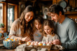 © zamuruev - joyfully family painting Easter eggs at home. kids and parents prepare for Easter