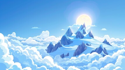 Wall Mural - Stunning aerial panorama of snow-covered mountains against blue skies. Cartoon modern illustration of high rocky peak covered with snow.