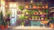 Plants in pot and vase standing on wooden racks and shelves, wheelbarrow and floor. Cartoon illustration of florist store inside with window, cashier and garland.