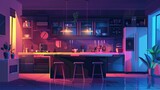 Fototapeta  - Modern home kitchen interior at night with clean modern furniture and appliances, light from hanging lamps. Cartoon modern dark evening cozy cooking room with large window.