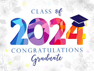 Poster - Cute graduating postcard for class of 2024 graduates. Invitation design. Educational festive background and trendy number 2 0 2 4 with academic cap, Handdrawn style elements. Creative typography.