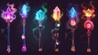 Magic scepter with glowing neon decorative gem stones and smoke. Cartoon modern illustration set of game wizard and magician powerful weapon with crystal. Sorcerer enchantment stuff.
