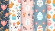 Seamless modern pattern of Easter egg, flower, rabbit. Spring season repeated in fabric pattern for prints, wallpaper, cover, packaging, kids, ads...