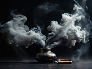 Beautiful gray smoke on a black background. Cigarette smoke. Smoke from the hookah. Turbulence of smoke. The white vapor rises. The smoke slowly flies.