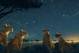 Fototapeta  - ライオンの家族がサバンナで星空を眺めているイラスト