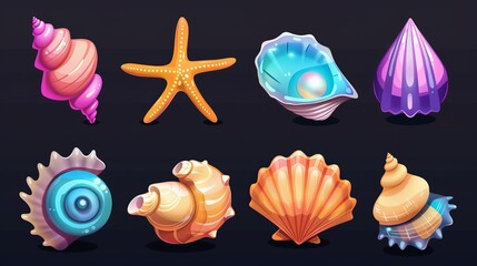 Poster - Seashell and starfish in clam game icon modern set. Bright nautical or aquarium horned, spiral, scallop, and starfish icons.