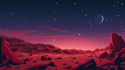 Sticker - The terrain is red and there are starfields, mountains, and cracks on the surface of the planet. A cartoon fantasy cosmos landscape with rocks, hills, and cracks. A fantastic surface of an open space
