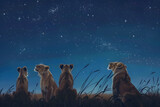 Fototapeta  - ライオンの家族がサバンナで星空を眺めているイラスト