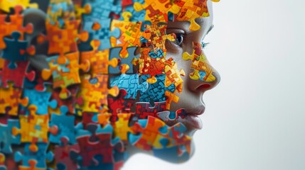 Wall Mural - Emotional intelligence and communication skills concept. Woman head silhouette with jigsaw puzzle pieces.