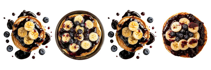 Wall Mural - Set of a banana pancakes with blueberry sauce isolated is in the top view  on a Transparent Background.