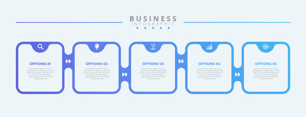 Design template for vector infographic labels with icons and 5 options or steps. Suitable for process diagrams, presentations, workflow layouts, banners, flow charts, and infographics.