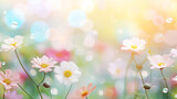 Fototapeta Kosmos - summer flowers on Blurred background with soft pastel colors, bokeh effect, bubbles and sparkles, pink green yellow white
