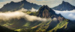 Foggy Madeira mountains with peaks in the clouds 