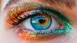 close up macro shot of woman eye with shimmering glitter make up,  eye glitter glow