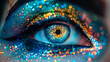 close up macro shot of woman eye with shimmering glitter make up,  eye glitter glow