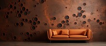 The Living Room Features A Wood Couch With A Helmet Art Pattern, A Brick Wall With Circleshaped Holes, And Metal Accents. The Ceiling Is Decorated With A Font Design