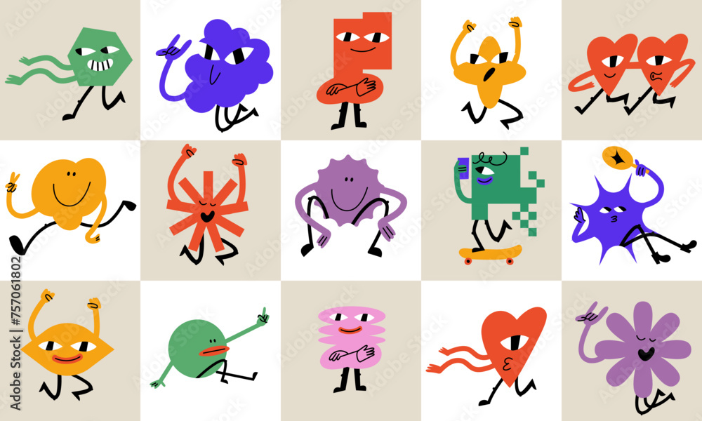 Vector illustration set of cartoon geometric shapes characters ?n retro ...