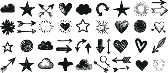 Wall Mural - Hand drawn, black vector icon collection. Features weather, love, navigatiols. Perfect for web design, apps, creative projects. Includes stars, hearts, clouds, arrows, sun