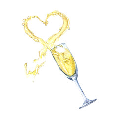 Wall Mural - Champagne glass heart watercolor drawing love. Golden sparkling party birthday celebration. Christmas festival anniversary holiday drink. Isolated on white background
