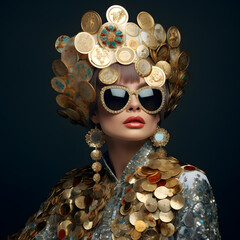 Sticker - Close up portrait of fashionable woman with an elaborate headpiece made of large round sequins gems and gold