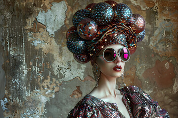 Poster - Close up portrait of fashionable woman with an elaborate headpiece made of large round sequins gems and gold