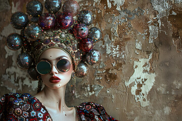 Canvas Print - Close up portrait of fashionable woman with an elaborate headpiece made of large round sequins gems and gold