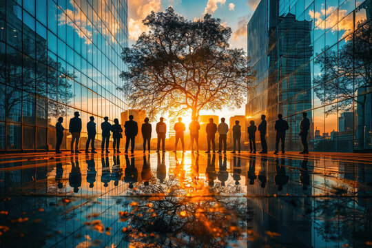 A row of silhouetted people standing and observing a vivid sunset reflecting onto the cityscape and glass surface