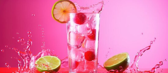 Sticker - A refreshing drink of liquid water with ice cubes, cherries and lime slices splashing out, creating a pink and magenta explosion of flavor and freshness