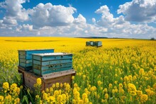 Beautiful Bright Colorful Natural Rural Panoramic Landscape With Yellow Rapeseed Field And Beehives Against A Blue Sky With Clouds On Sunny Spring Summer Day.