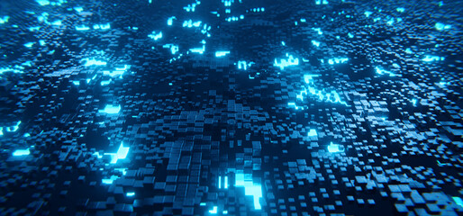 Sci-fi block chain tech background with blue neon particles