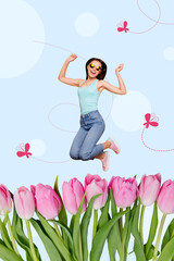 Wall Mural - Sketch artwork trend composite image 3d collage photo of excited lady jump up in air with butterflies under spring season tulip garden