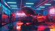 A car is being worked on in a garage with neon lights