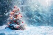 Beautiful Festive Christmas snowy background with holiday lights. Christmas tree decorated with red balls and knitted toys in forest in snowdrifts in snowfall on nature outdoors, panorama, copy space.