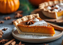 Pumpkin Pie On A Plate, Close-up Side View, Ultra Realistic Food Photography